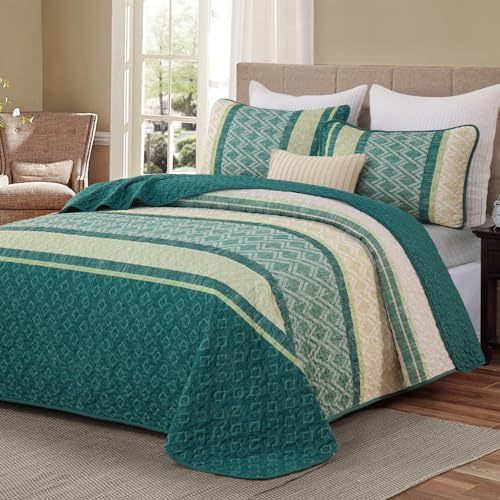 Dinjoy Queen Quilt Set Sage Green,Striped Boho Bedspread Queen Size,