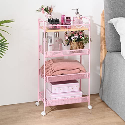 Kingrack 4-Tier Rolling Cart,Metal Utility Cart With Wooden Tabletop,Easy Assemble Mobile Storage Trolley On Wheels,Craft Storage Cart For Bedroom Kid's Room Office Bathroom Laundry Room,Pink #TOP5