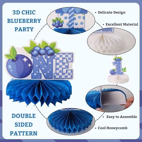 Image of 9pcs Blueberry First Birthday Honeycomb Centerpieces Sweet One Berry Party Table Decorations Blueberry Tabletop Centerpieces for Baby Shower One Birthday Table Topper Sign Decorations