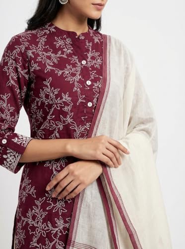 Image of Yash Gallery Women's Pure Cotton White Floral Rubber Print A-line Kurta Pant Set with Dupatta with Fancy Front Buttons, One Side Functional Pocket