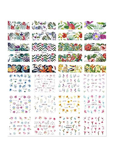 48 Sheets Summer Nail Art Stickers - Tropical Water Nail Decals Mixed Style Colorful Flowers Roses Birds Tropical Leaves Peacocks Diy Acrylic Nails Nail Stickers For Nail Art #TOP5
