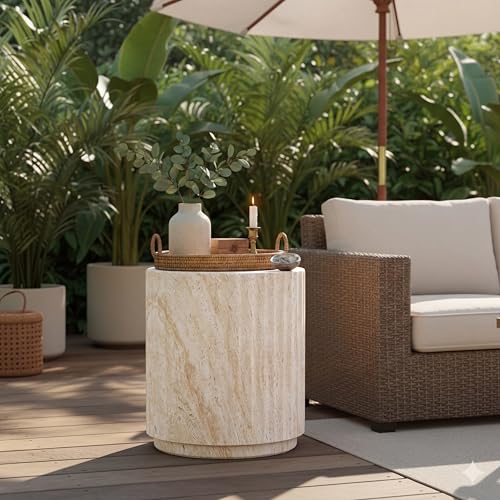 Outdoor Concrete Side Table Cylinder Patio End Table Faux Stone Accent Table with Wave for Indoor Outdoor Round Garden Stool Coffee Table for Patio Garden Backyard - 13.97 Beige Yellow MgO