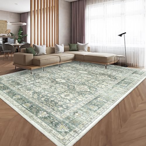 HOMFINE Machine Washable Rug 5’x7′ – Vintage Design Area Rugs with Non Slip Rugs for Living Room Bedroom Floral Print Rug Carpet Stain Resistant, Home Decor Office Area Rug, Green