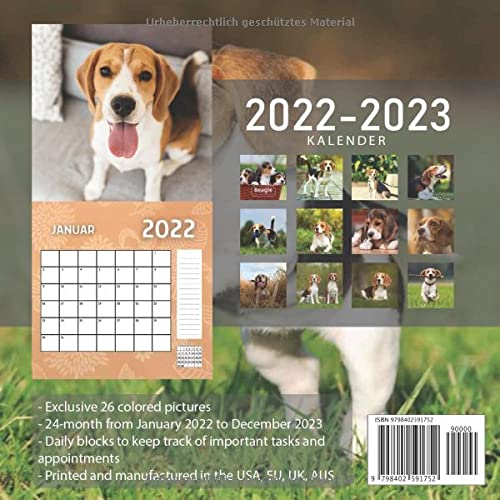 Beagle Kalender 2022-2023: 24-Monats-Kalender von Januar 2022 bis Dezember 2023. Platz für Notizen. Es ist ein perfektes Geschenk für einen geliebten Menschen