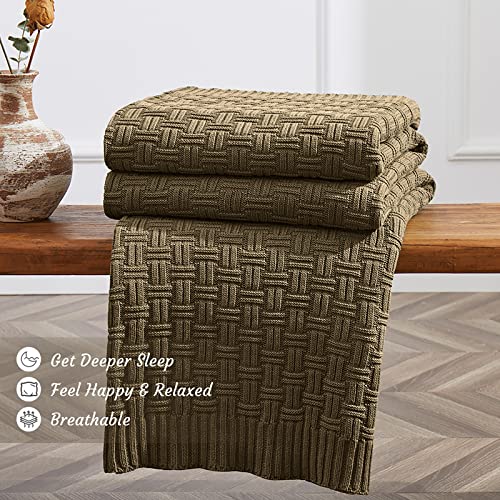Image of TREELY 100% Cotton Knitted Throw Blanket, 50 x 60 Inches, Khaki