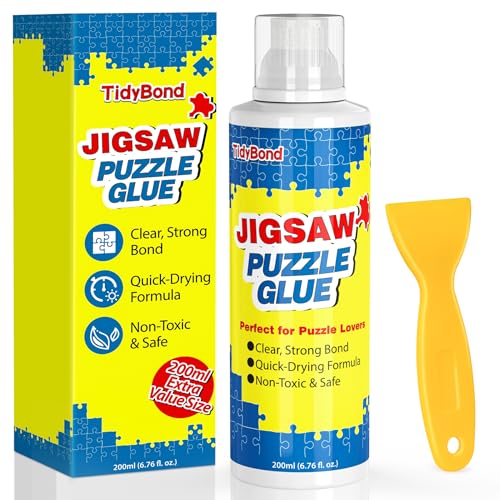 Jigsaw Puzzle Glue with Sponge Tip & Squeegee – Clear, Fast-Drying Puzzle Sealer for 1000/3000/5000 Piece Puzzles – Non-Toxic Adhesive for Paper & Wooden Jigsaw Puzzles – 200ml