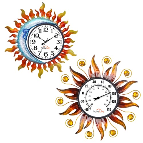 Hobyluby 13'' Metal Outdoor Thermometer & Outdoor Clock, Sun Wall Thermometer With Humidity And Wall Clock Silent Non-Ticking For Garden, Home Decor #TOP5