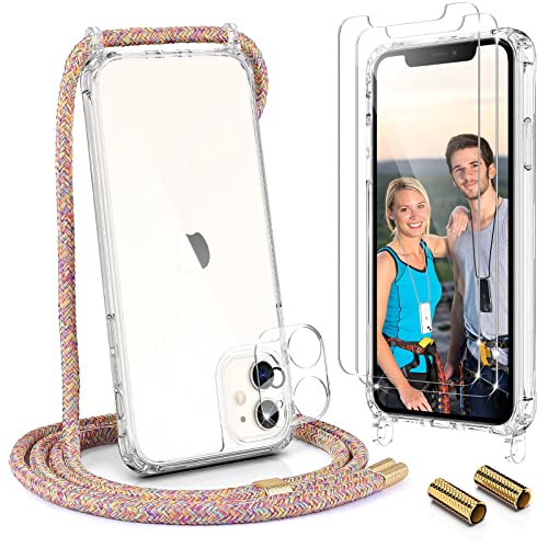 UYMO Funda con Cuerda para iPhone 12 Mini, Ajustable Collar Correa de Carcasa con Cordón, con 2 Protector de Pantalla y Protector de Cámara,TPU Case con Colgante Correa de Cuello Cadena,Arcoíris Cover