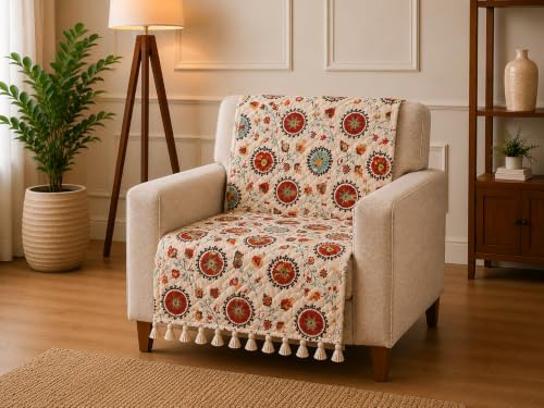 Image of Velvet Quilted Sofa Cover for 2 Seater (48 x 60 Inches) | Red Floral | Anti-Slip Soft Washable Sofa Seat Cover | Furniture Protector with Tassels