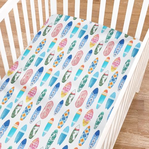 Colorful Surfboards Baby Crib Sheets for Boy Girl 52'x28' Hawaiian Tropical Beach Surfing Soft Crib Mattress Covers Boho Summer Ocean Sports Baby...