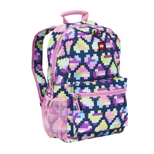 LEGO Iconic Prints Kids School Backpack Bookbag, for Travel, On-the-Go, Back to School, Boys and Girls, with Adjustable Padded Straps and Fun patterns, Neon Brick Hearts