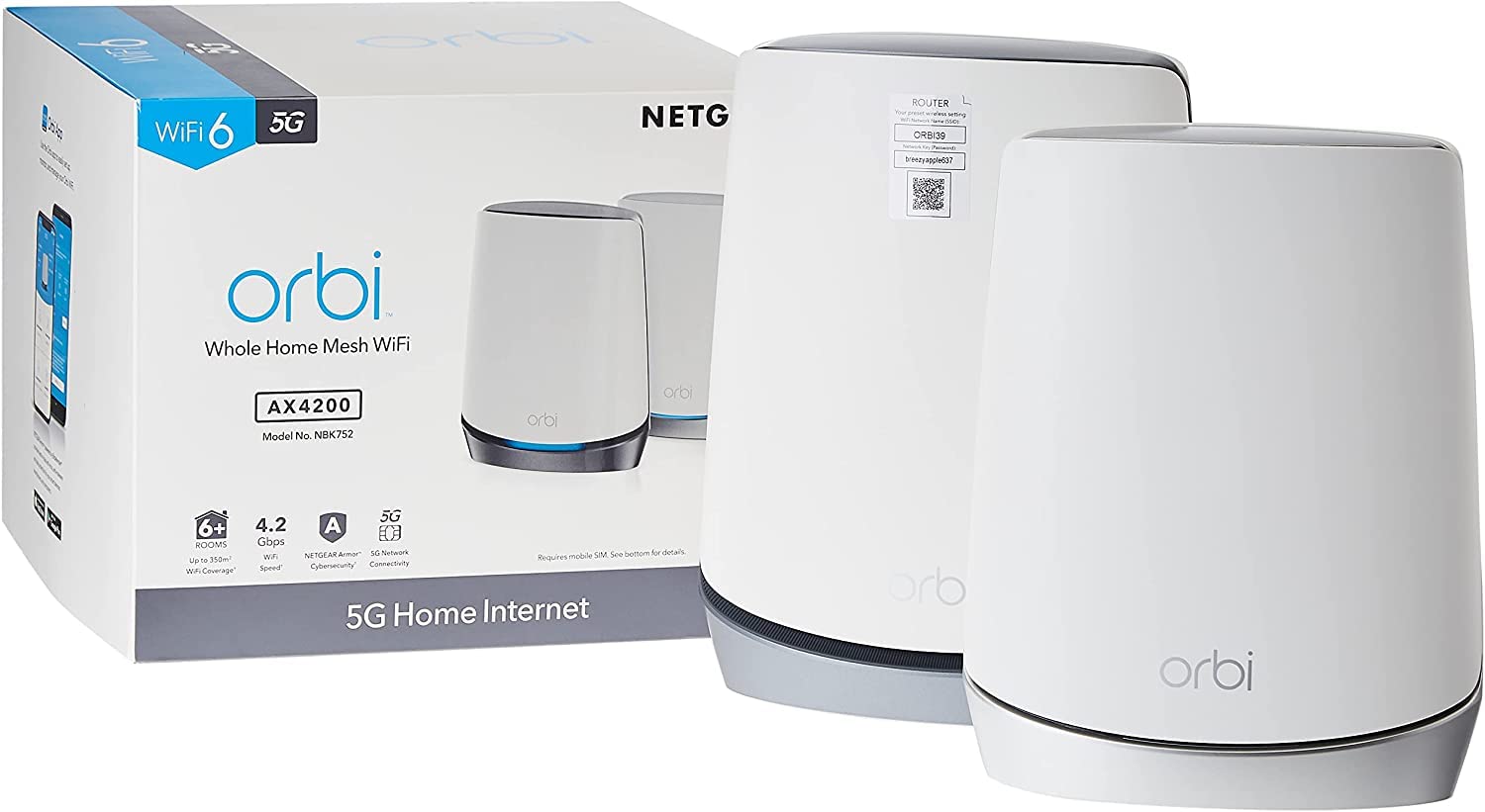 NETGEAR Orbi NBK752 5G LTE WiFi 6 WLAN Mesh System (5G Funknetz Homespot Set bis 350 m² Abdeckung und AX4200 Tri-Band, WLAN Router mit 5G Modem und Mesh Satellit, für Jede SIM-Karte freigeschaltet)
