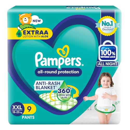 Image of Pampers All round Protection Pants, Double Extra Large size baby diapers (XXL) 9 Count, Anti Rash diapers, Lotion with Aloe Vera