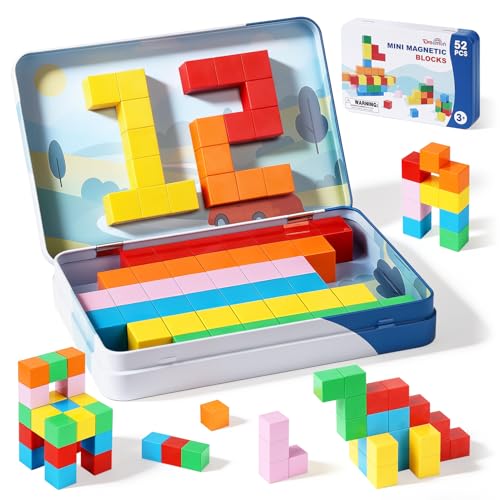 Dreamon Mini Magnetic Blocks 52PCS Travel Magnetic Building Blocks for Kids with Tin Box Magnet Cubes Montessori STEM Toy Toddlers Boys Girls Gifts Aged 3 4 5 6 Years Old