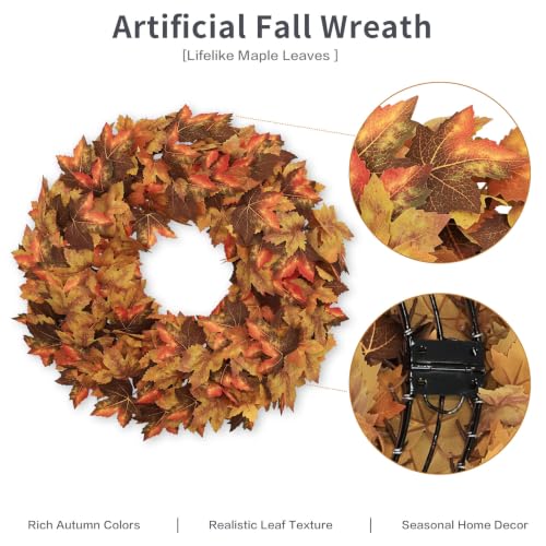 20" Fall Wreath for Front Door, Artificial Maple Leaves Autumn Wreath - image 3