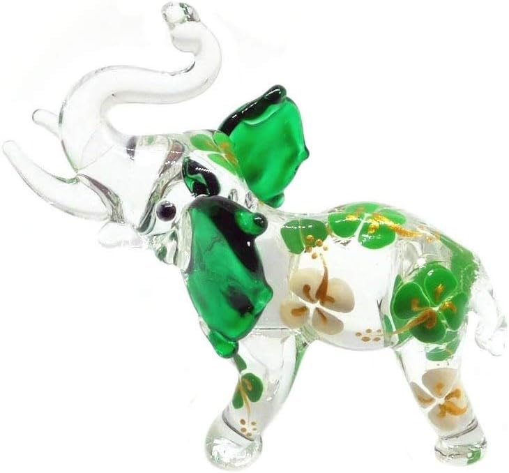 Handmade Mini 2" Green Lucky Elephant Figures Blown Glass Art with Clover, Fantasy Collectible Figurines, Miniature Jungle Animals, Tiny Ornament, Cool Stuff Decor image 2