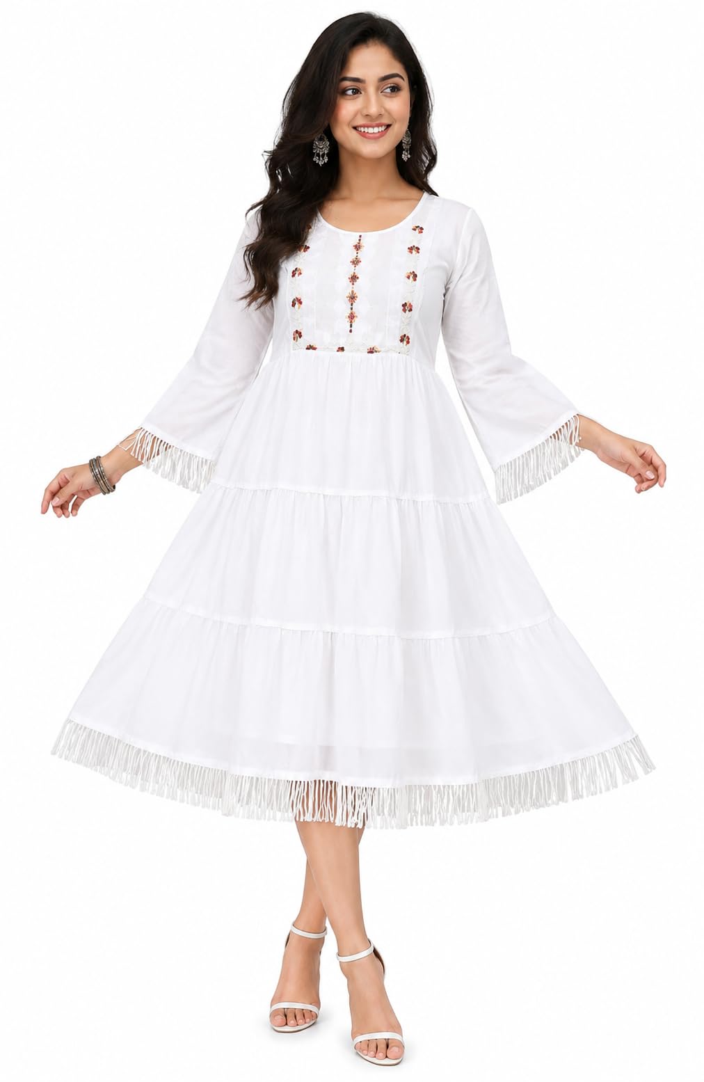 Women's White Cotton Embroidered A-Line Midi Dress | Flared Tiered Kurti Dress | 3/4 Tassel Sleeves | Casual Ethnic Summer Cotton Dress for Women-image-38