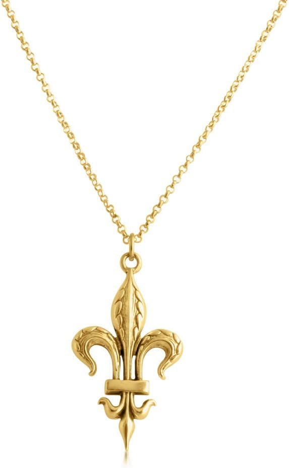 AZAGGI Gold Plated Silver Necklace Large Fleur de Lis French Lily Flower European Royal Symbol Double Sided Charm Pendant Necklace.