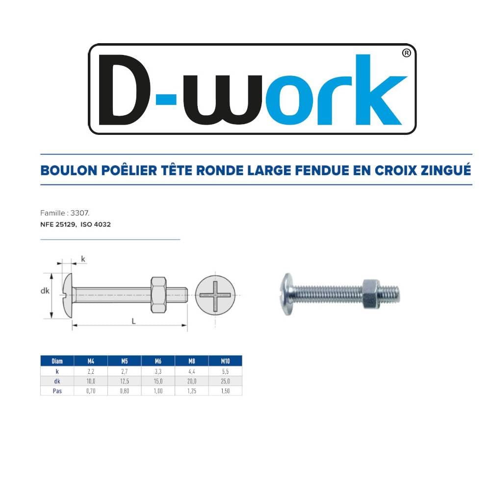100 Boulons Poêlier Tête Ronde Large Fendue en Croix 8 x 80 mm - NFE 25129/4032 - Zingué blanc - D-Work