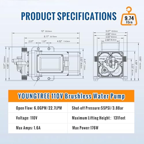 Image of YOUNGTREE Brushless 110V Water Pressure Transfer Pump Continuous Duty 6.0GPM 55PSI On Demand Fresh Water Diaphragm Pump 110 Volt AC for Irrigation Garden Home Pool Car Washing Rain Barrel Industry