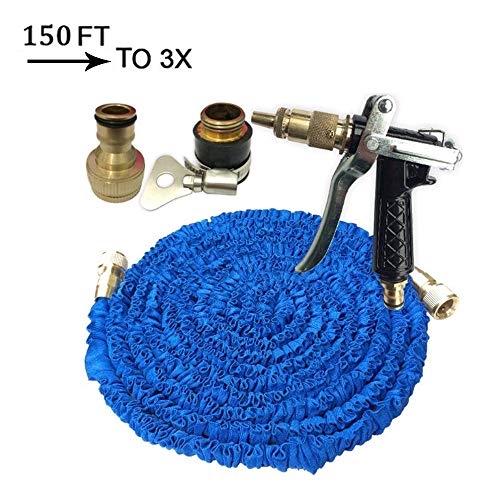 Retractable Garden Hose 3X Spray Gun High Pressure Car Wash Water Gun Water Pipe Clean Watering Pet Lawn (25FT, 50FT, 75FT, 100FT, 125FT, 150FT),Blue,150FT