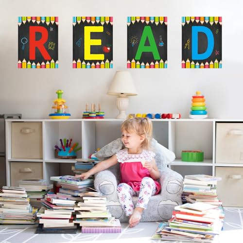 Image of COCHIE Reading Posters for Classroom Decorations, Library Reading Corner Decor, Read Signs Poster Bulletin Board Set of 4, Pre-k Preschool Kindergarten Classroom Wall Decoration (Pencil)