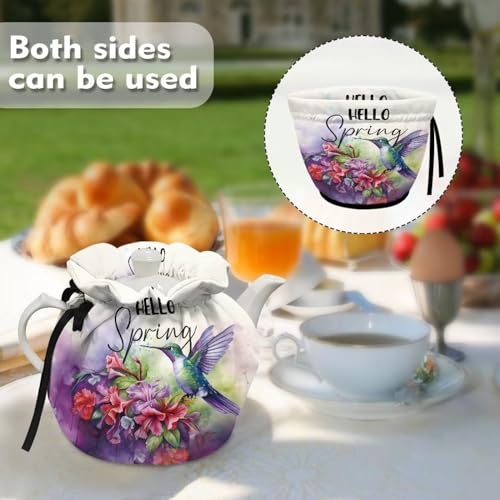 Image of Spring Hummingbird Flower Tea Pot Cozies Washable Teapot Protective Cover Insulation and Keep Warm Heat Preservation Tea Cosy Tea Kettle Quilt with Drawstring for Tea Party Decor