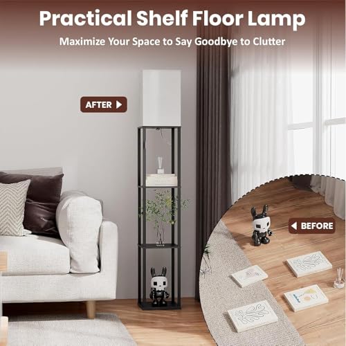 Image of HOMIFLY 4 Tier Metal Floor Lamp with Wooden Shelves /Square Lamp with 3 Adjustable Color Mode /Corner Display Book & Vase Shelf /Standing Night Lamps for Living-Study Room /Bedroom /Home Decor(Black)