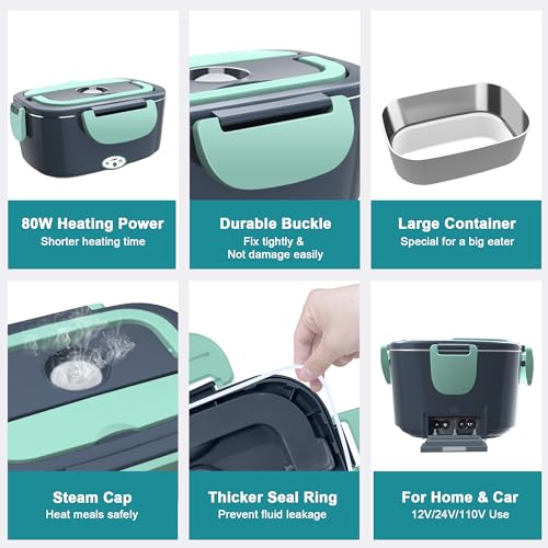 Image of Electric Heated Lunch Boxes Adults: 80W Electric Lunch Box Food Heated 12 /24 /110V 1.5L Heatable Lunch Box for Car /Truck /Office Leak-Proof Stainless Steel Container, Fork & Spoon, Bag (Grey+Green)
