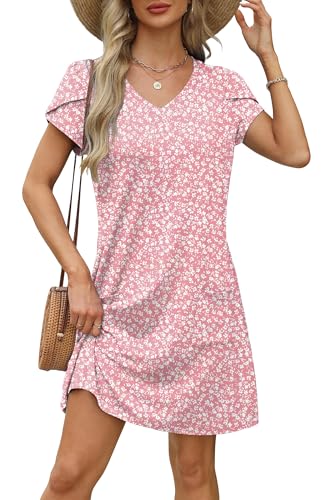 Image of OFEEFAN Womens Summer Dresses 2026 Tulip Petal Short Sleeve V Neck Loose Swing Sundresses with Pockets Plain /Print