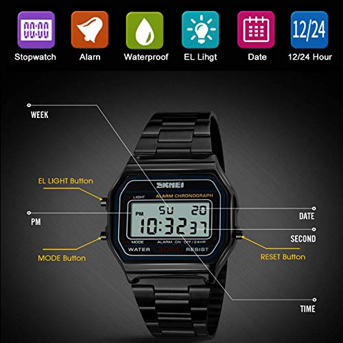 MASTOP Unisex Square Digital Watch Multifunctional Stopwatch Alarm Backlight Water Resistant Electronic Watch3