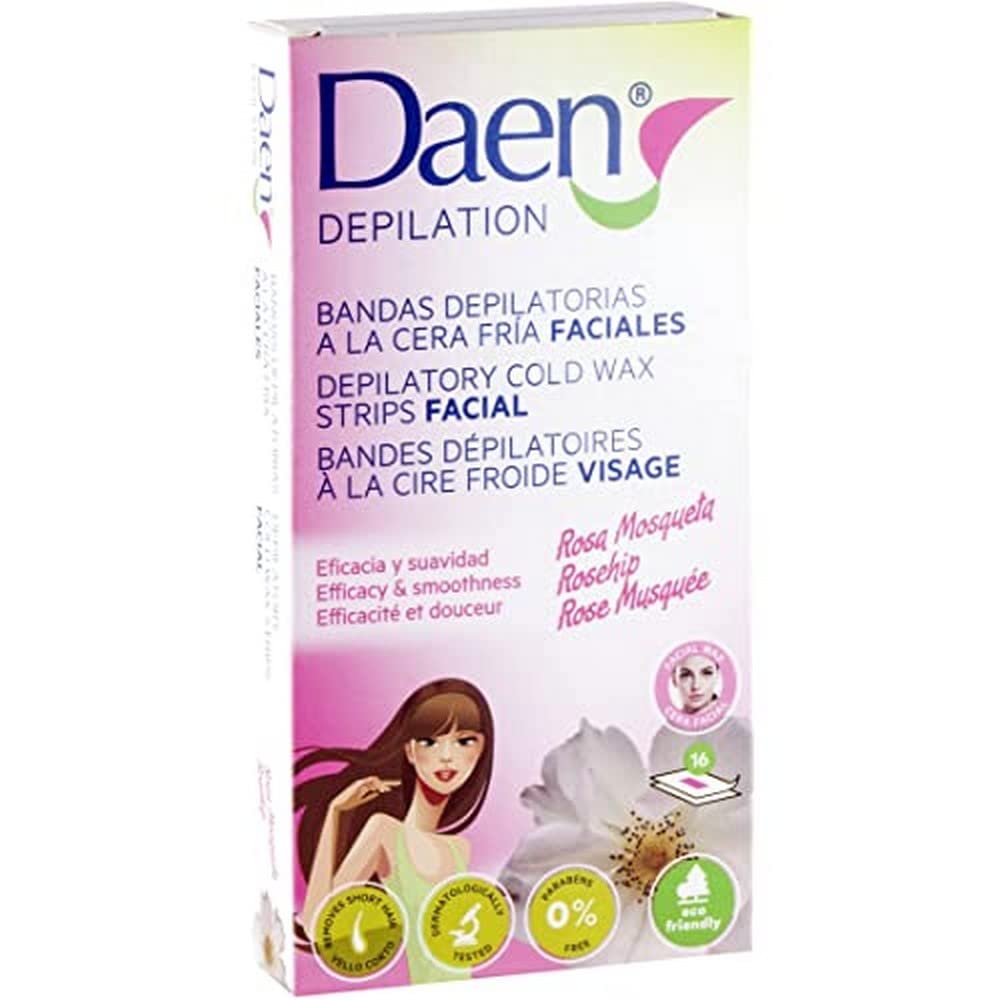 DAEN bandas depilatorias faciales cera fría rosa mosqueta 16 uds