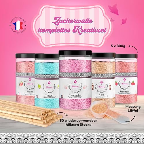 Misskandy®, Zuckerwatte Zucker (Farbstoffe ohne Azofarbstoffe) / Charge (5 * 300Gr)= 1,5kg/Erdbeere, Apfel, Marshmallow, Cola, Himbeere/zuckerwattemaschine zucker/Aromazucker + 50 Stäbchen (Free) – Bild 3