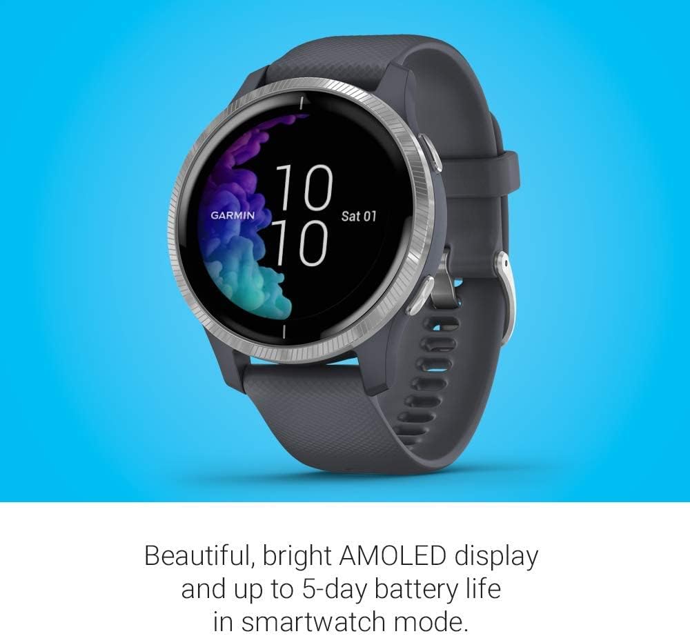 Garmin Venu, GPS Smartwatch with Bright Touchscreen Display, Features Music, Body Energy Monitoring, Animated Workouts, Pulse Ox Sensor and More, Silver with Dark Gray Band (Renewed)