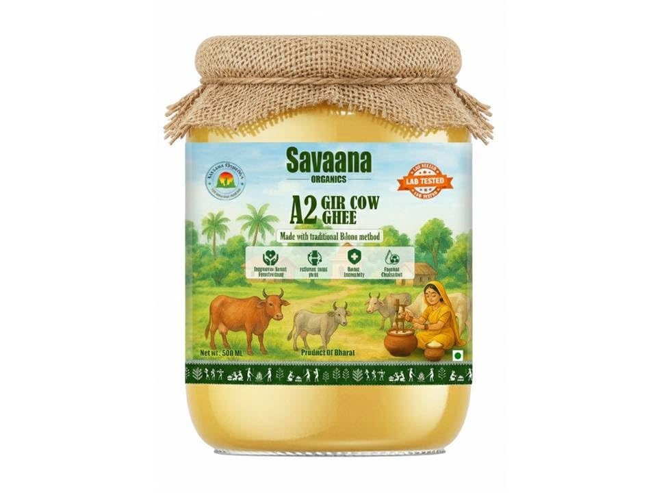 Image of Savaana Organics A2 Gir Cow Ghee 500ml - Pure Bilona Method Grassfed Desi Ghee | Nutrient-Rich, Aromatic & Healthy Traditional Cow Ghee in Glass Jar