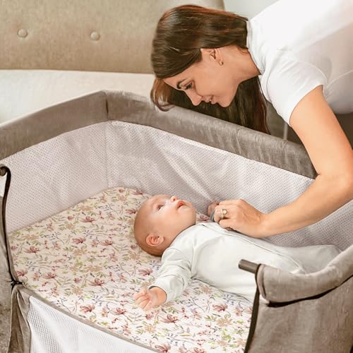Image of lulumoon Baby Bassinet Sheets Muslin: Cotton Bedside Bassinet Sheets Floral for Girls - Fitted for Bedside Sleeper Mattress