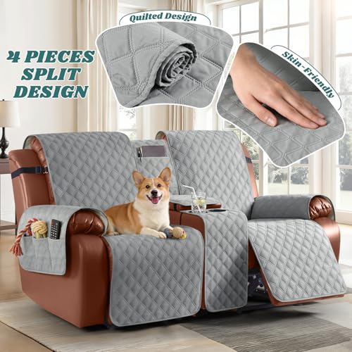 Image of Ruaozz Waterproof Loveseat Recliner Cover with Console Non-Slip Reclining Couch Covers Split Sofa Slipcovers with Elastic Straps Furniture Protector for Kids, Dogs, Pets (Light Grey, 2 Seater)