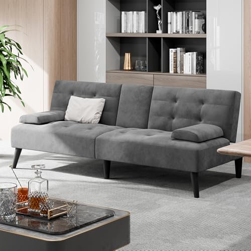 Image of Shintenchi Futon Sofa Bed, Velvet Foldable Couch, Reclining Sleeper with Removable Armrests, Upholstered Loveseat Sofa Couch with Folding Cup Holders for Home, Office, Dark Grey