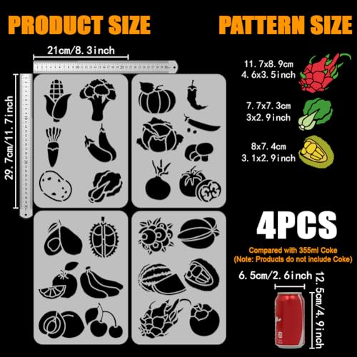 FINGERINSPIRE 4 Stück Malschablone Mit Verschiedenen Früchten Und Gemüsen 21x29.7cm Vorlage Für Bauernhof Gemüse Obst Kürbis Tomate Karotte Banane Wassermelone Pfirsich Birne Zum Malen An Der Wand