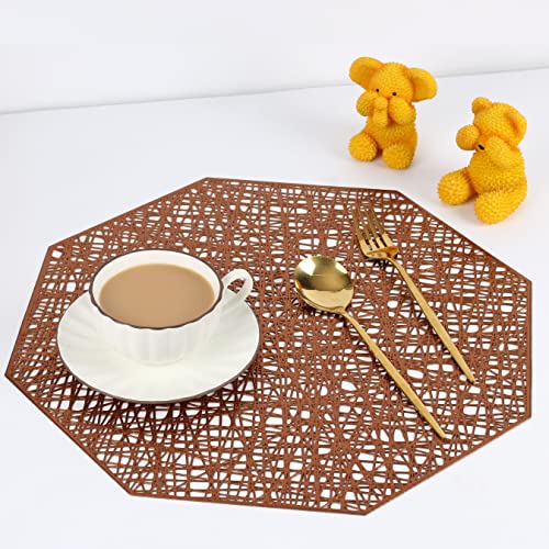 Candumy 6 Pack Bronze Pressed Vinyl Metallic Placemats For Dining Table,15" Octagon Hollow Out Table Mats #TOP3