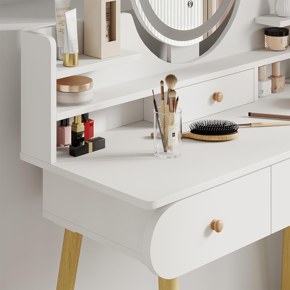 Vicco Toaletka "Edda", Biały, 100 cm | z lustrem LED i stołkiem, avec miroir LED rond et tabouret assorti