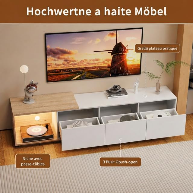 Szafka pod telewizor 163 cm-240 cm z oświetleniem, stolik pod telewizor z 3 szufladami, wysuwany stojak pod telewizor, meble do salonu, wysoki połysk biały i naturalny rysunek słojów, 240 x 38 x