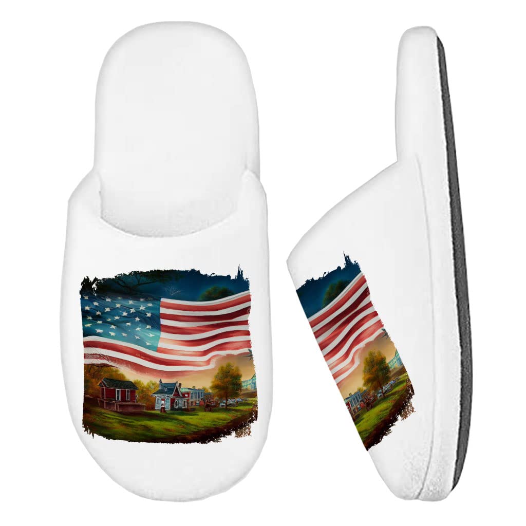 Small Town Concept Art Memory Foam Slippers - USA Flag Slippers - Graphic Slippers