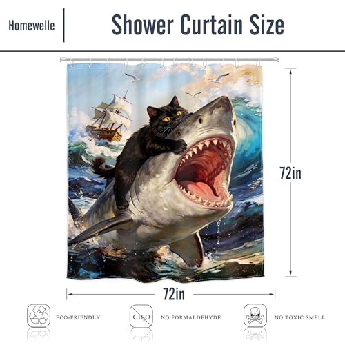 Image of Funny Black Cat Shower Curtain Riding Shark 60Wx72H Inch Decor