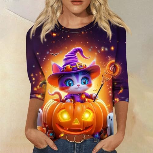 Cute Funny Halloween Shirts for Women Plus Size 3/4 Length Long Sleeve Womens Tops Witch Gothic Renaissance Shirt