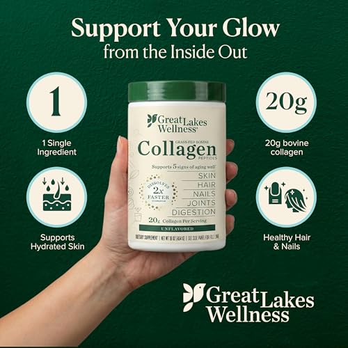 Great Lakes Wellness Collagen Peptides Powder – Supports Skin, Hair, Nails, Joints & Digestion – Hydrolyzed, Quick Dissolve, Non-GMO, Keto & Kosher – Pure Collagen Protein (16 oz, 22 Servings)