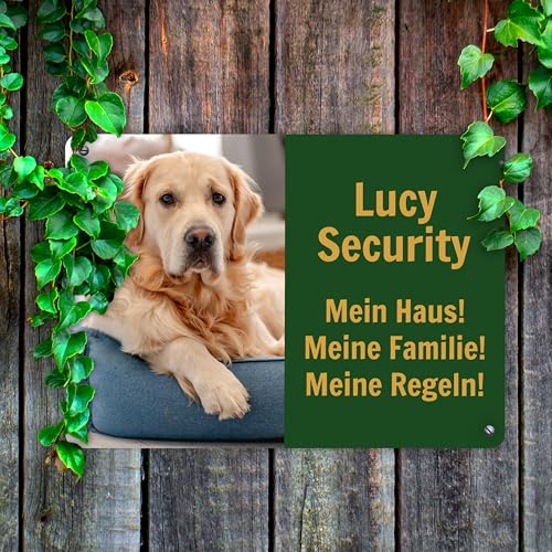 UV Hundeschild mit eigenem Foto & Namen „Security“ - 40 x 28 cm - Lustiges Vorsicht Hund Warnung Schild - wetterfest & rostfrei & UV-Schutz & Bohrlöcher - Warnschild Hund - Aluminium, Stärke 1,1 mm