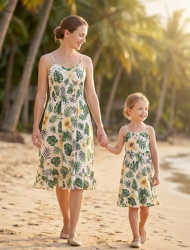 Image of AWIBMK Hawaiian Family Matching Outfits Mother Daughter Tropical Dresses Father Son Shirts for Beach Vacation Luau Party