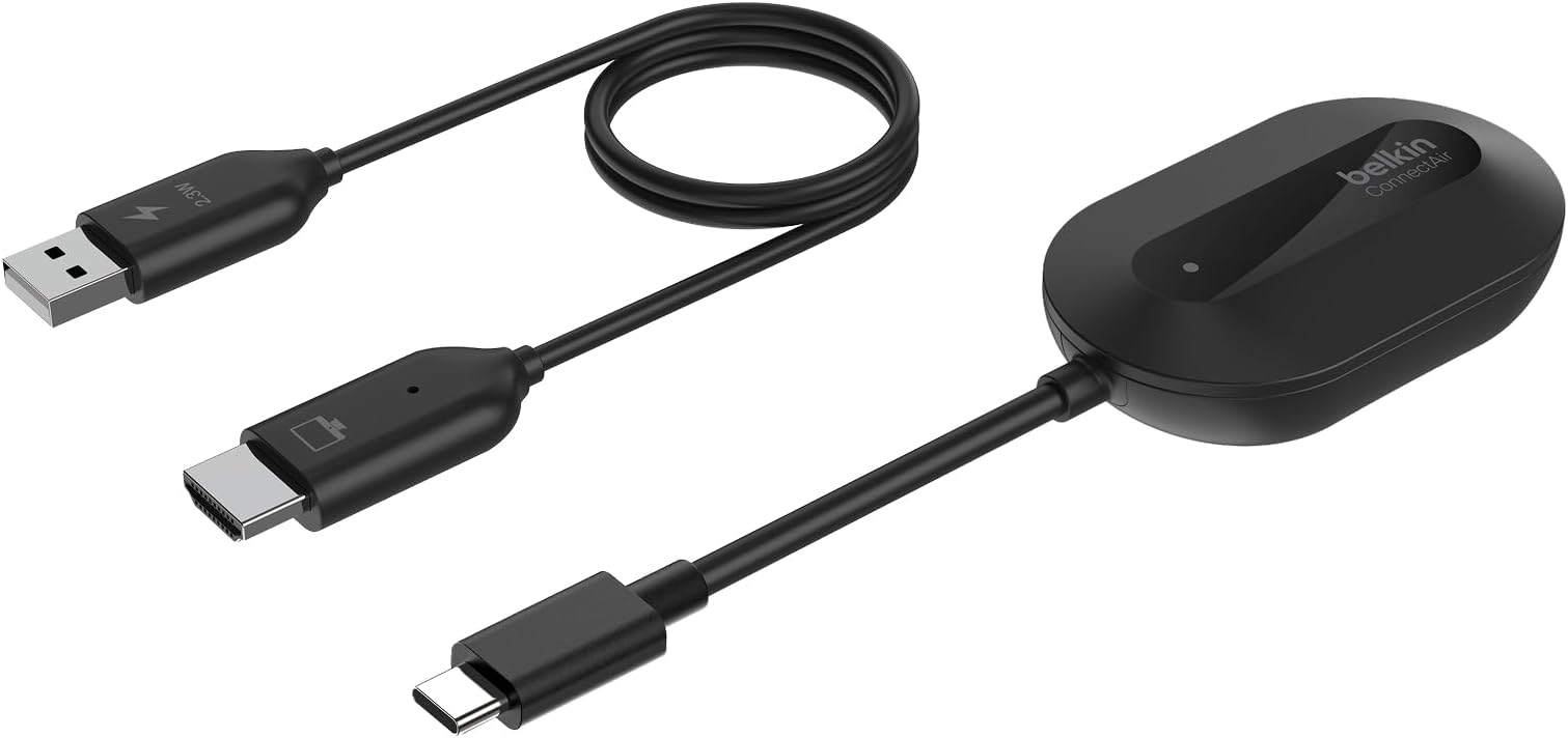 Belkin ConnectAir Wireless HDMI Display Adapter for USB C Laptop, Tablet, Phone, Projector – Compact Plug & Play Receiver, 1080p@60Hz HD Streaming, Screen Sharing, Travel Accessories - No WiFi Needed