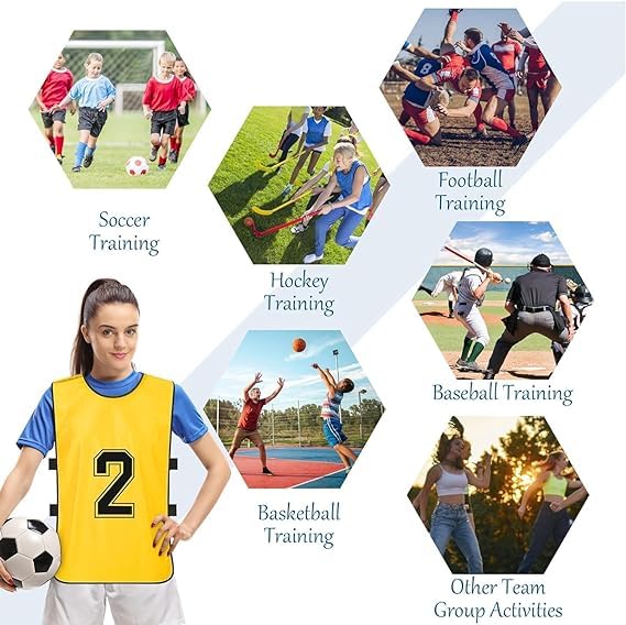 24 Stück Scrimmage-Trainingsweste – Fußball, Basketball, Fußball-Lätzchen, wendbar, nummeriert, Teamsport-Trikots (rot und gelb), Rot, gelb, 40 x 65 cm